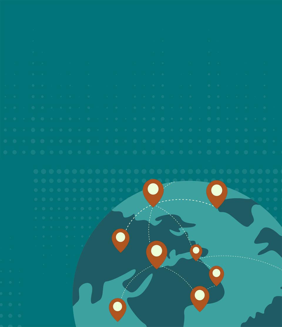 An illustration of the world with multiple interconnected locations, symbolizing global reach.