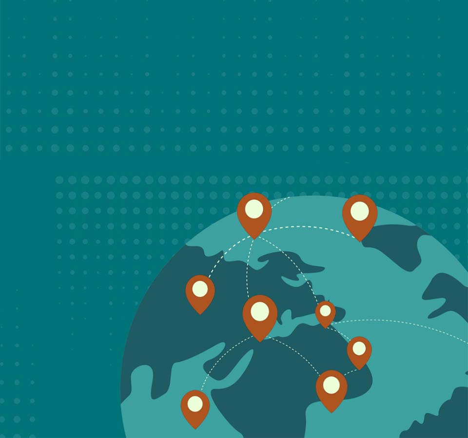 An illustration of the world with multiple interconnected locations, symbolizing global reach.