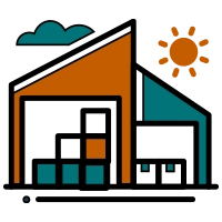 An icon of a modern warehouse or commercial building with a sun in the sky, representing how Elevate Technology provides low-voltage wiring and network solutions for the commercial sector.