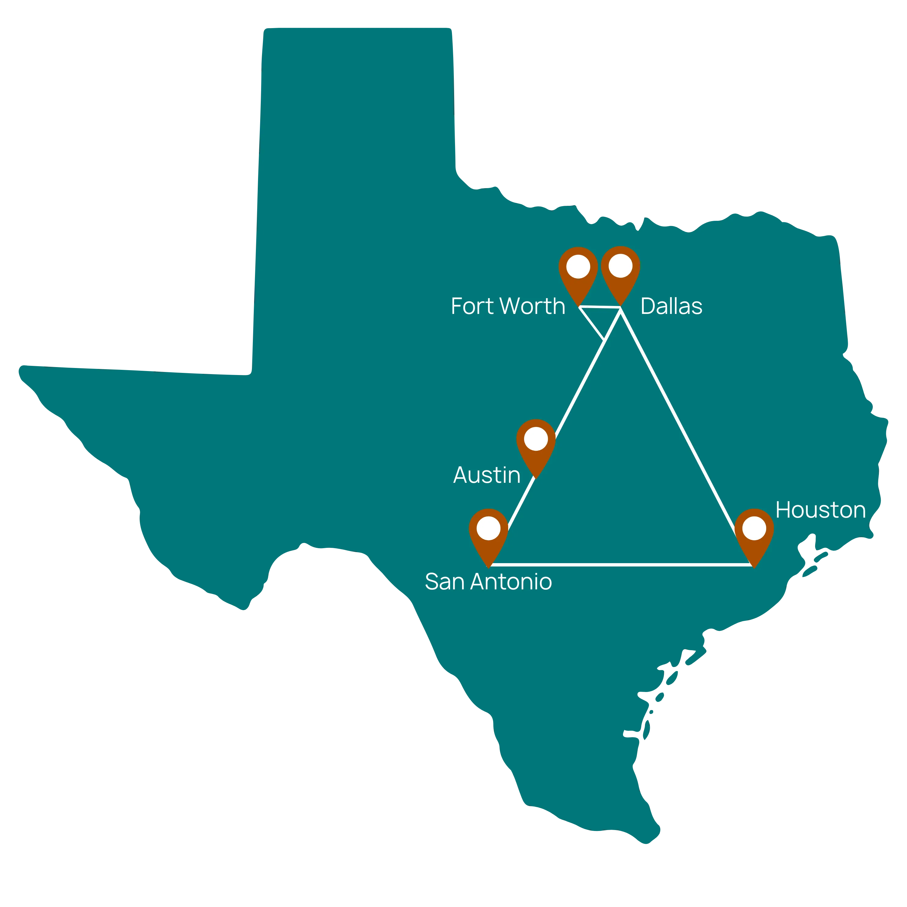 Texas Triangle graphic showing Houston and major Texas cities, representing Elevate Technology’s local managed IT services and business IT support.