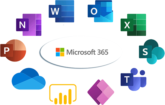 A comprehensive graphic for Elevate Technology's Microsoft 365 solutions. The image shows the Microsoft 365 logo at the center, surrounded by the icons of its key applications: OneNote (N), Word (W), Outlook (O), Excel (X), SharePoint (S), Teams (T), PowerPoint (P), OneDrive (cloud icon), and Power BI (graph icon). The arrangement visually represents the interconnected and centralized nature of the Microsoft 365 suite.
