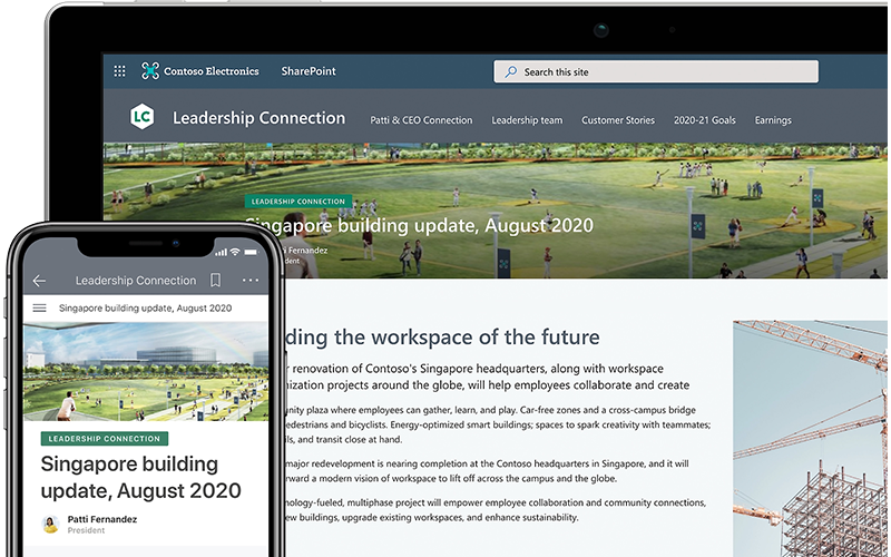A professional image for Elevate Technology's SharePoint and collaboration services. The image shows a tablet and a smartphone side-by-side, both displaying the same SharePoint site.