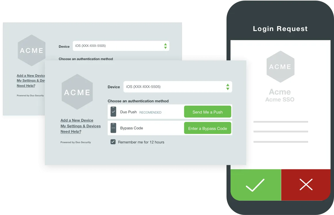 Graphic illustrating Cisco Duo multi-factor authentication, showing secure login verification using a second device to protect business applications.