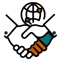 An icon of a handshake with a globe above it, symbolizing ongoing support and long-term client relationships for global services.