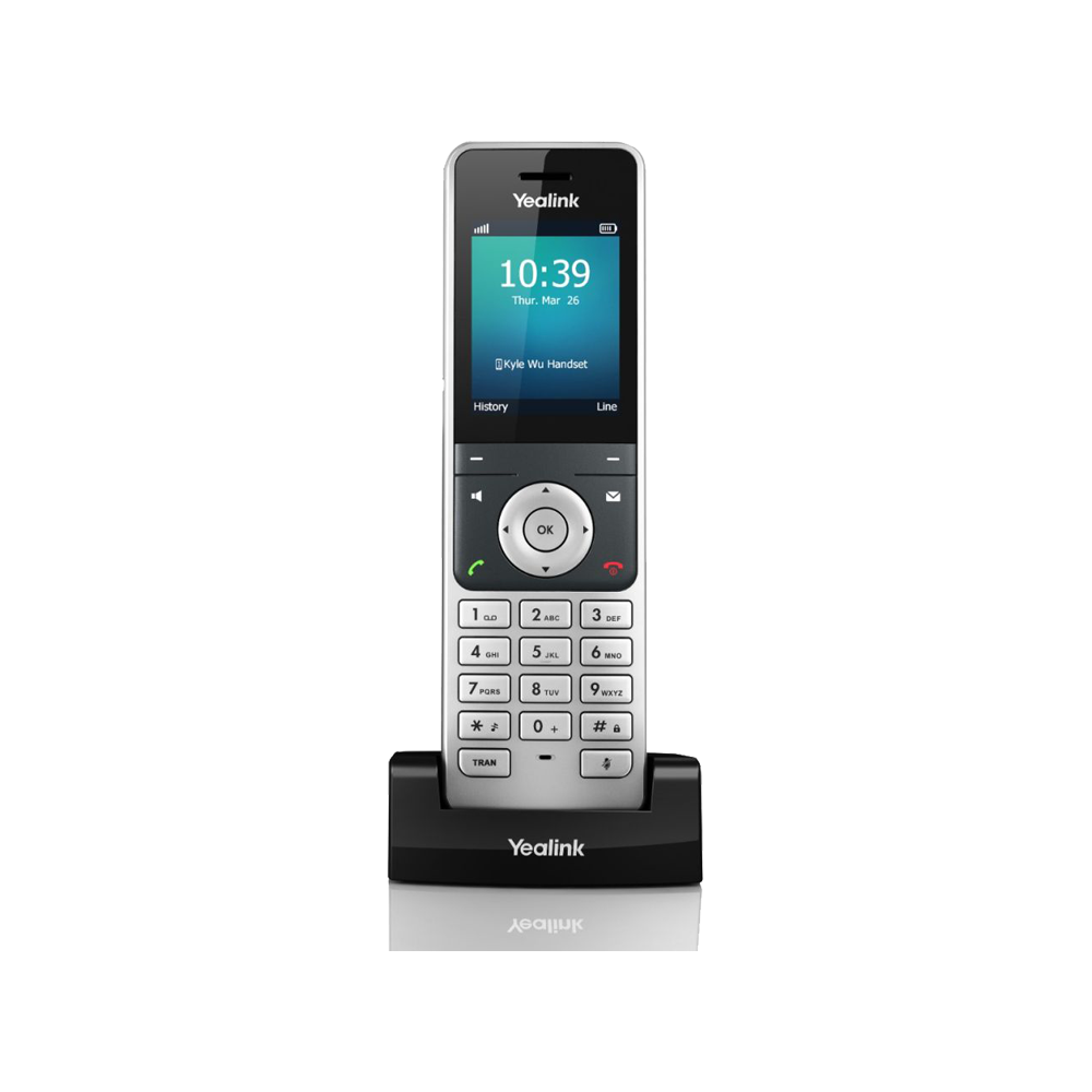 The Yealink WH66, a top rated over ear headphones system with a digital touchscreen base for managing calls and audio settings.