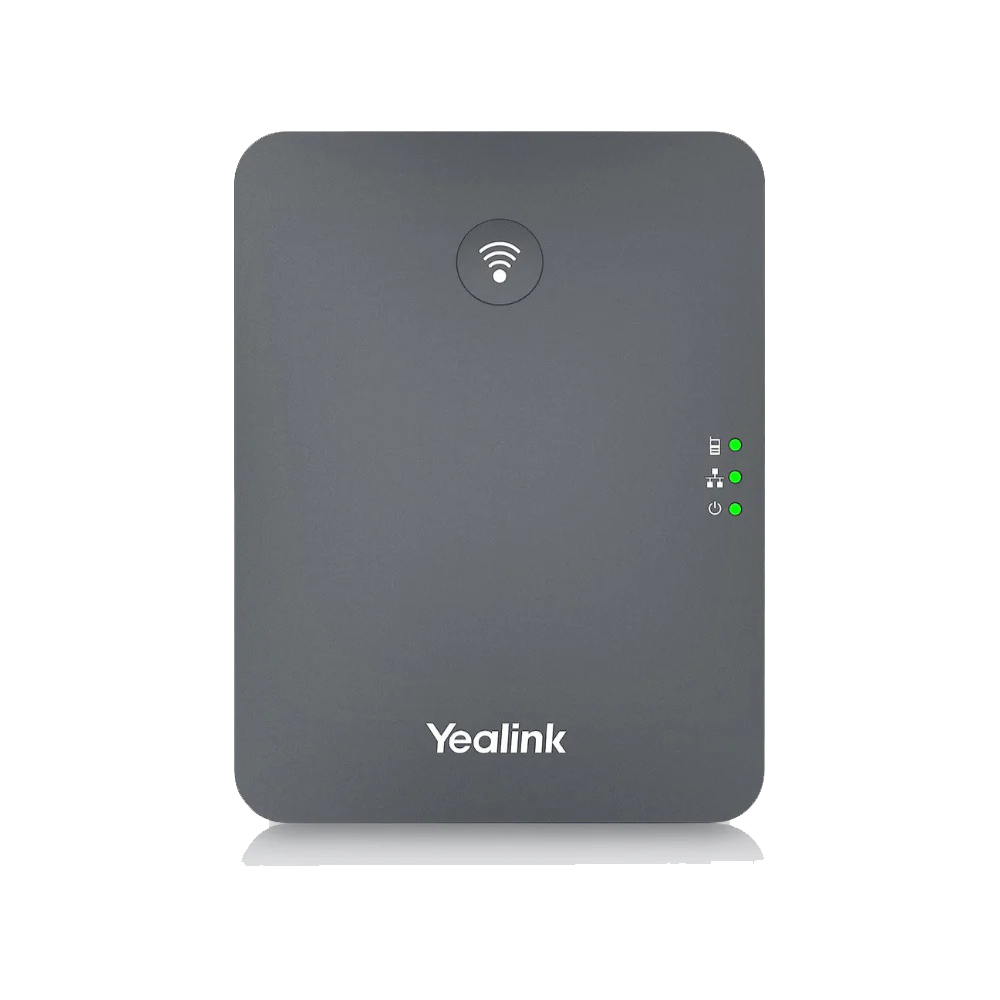 A professional wireless headset system, the Yealink WH62, with a single over ear headphones earpiece on a compact charging station.