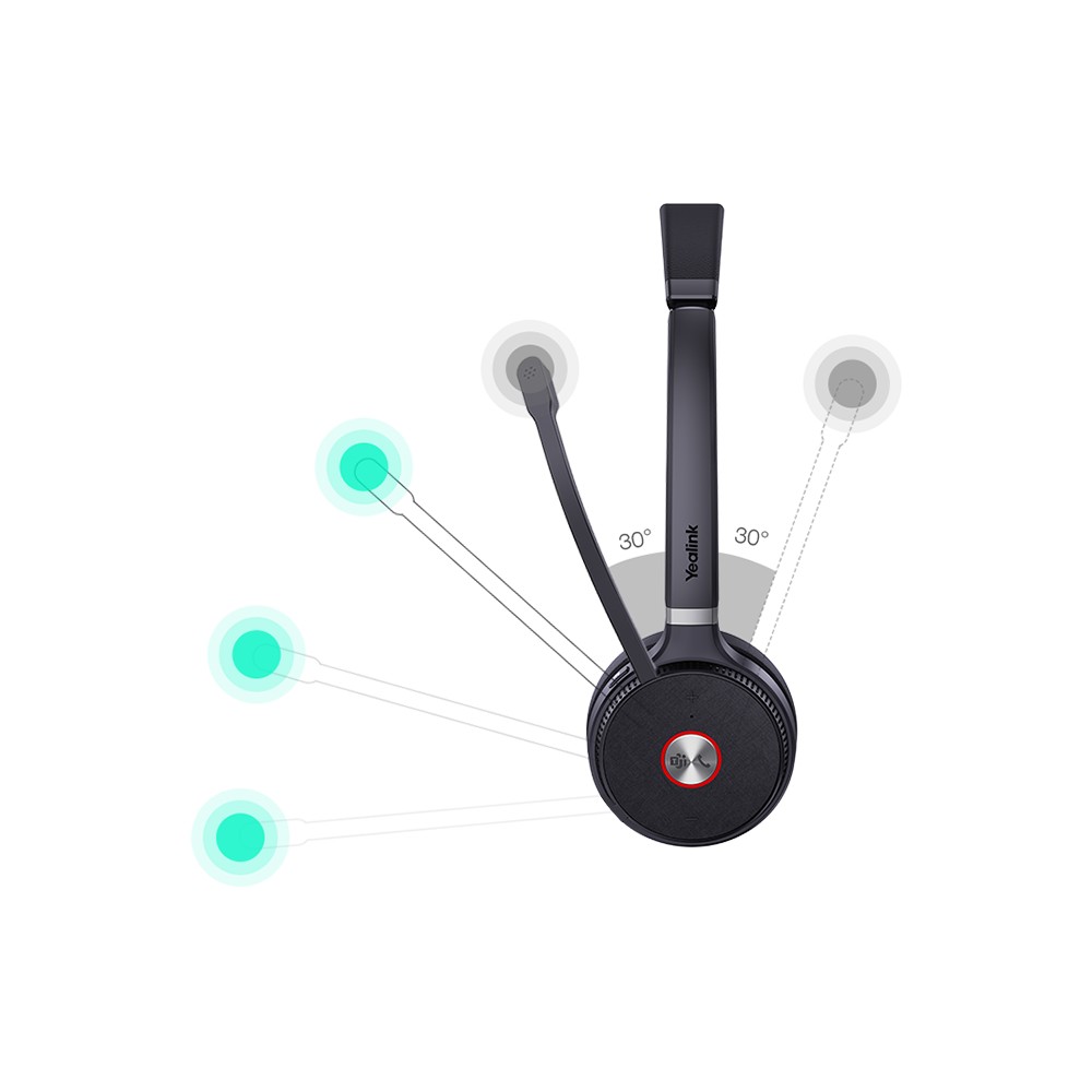 A top rated over ear headphones system, the Yealink WH66, presented on its charging stand with a large display for noise cancelling headphones functionality and controls.