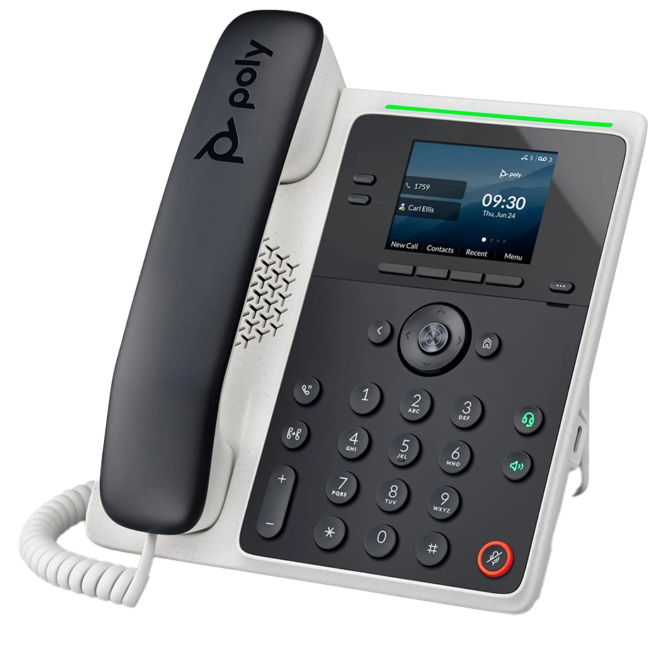 Polycom E100 VoIP desk phone featuring a 2.8-inch color IPS LCD, Dual GigE Ethernet ports with PoE, and integrated Microban® antimicrobial protection.