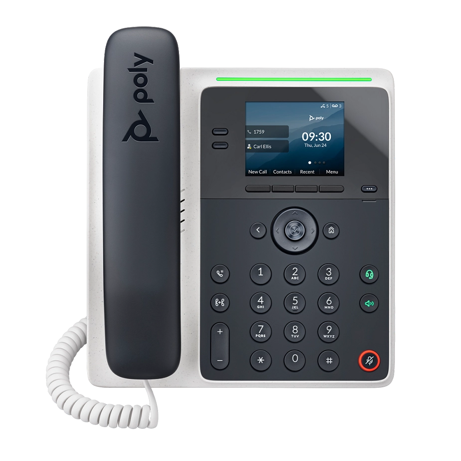 Polycom E100 VoIP desk phone featuring a 2.8-inch color IPS LCD, Dual GigE Ethernet ports with PoE, and integrated Microban® antimicrobial protection.