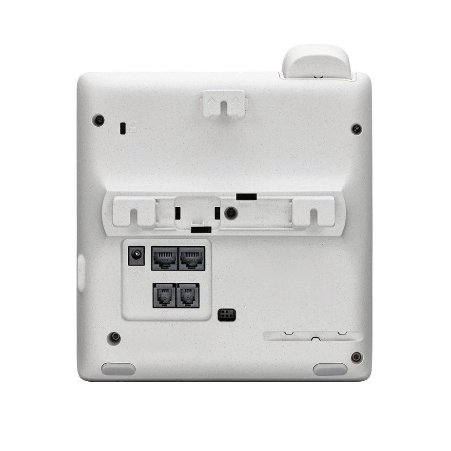 Polycom E100 VoIP desk phone back view featuring a 2.8-inch color IPS LCD, Dual GigE Ethernet ports with PoE, and integrated Microban® antimicrobial protection.