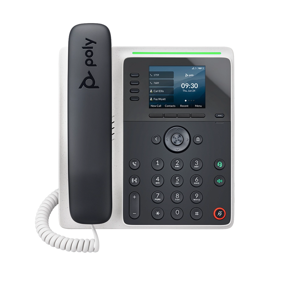 Polycom E220 desk phone shown at an angle, featuring a 2.8-inch color screen, 4 line keys, Dual Gig-E ports, and integrated Microban® antimicrobial protection.