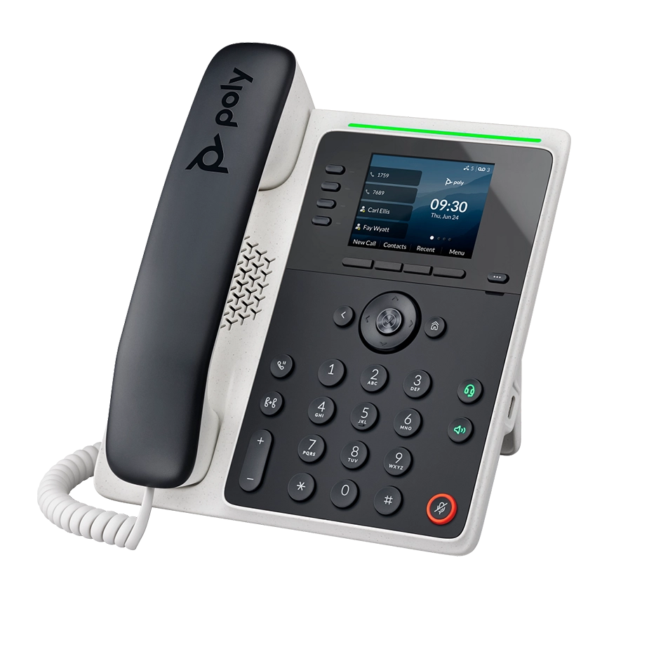Polycom E220 desk phone shown at an angle, featuring a 2.8-inch color screen, 4 line keys, Dual Gig-E ports, and integrated Microban® antimicrobial protection.