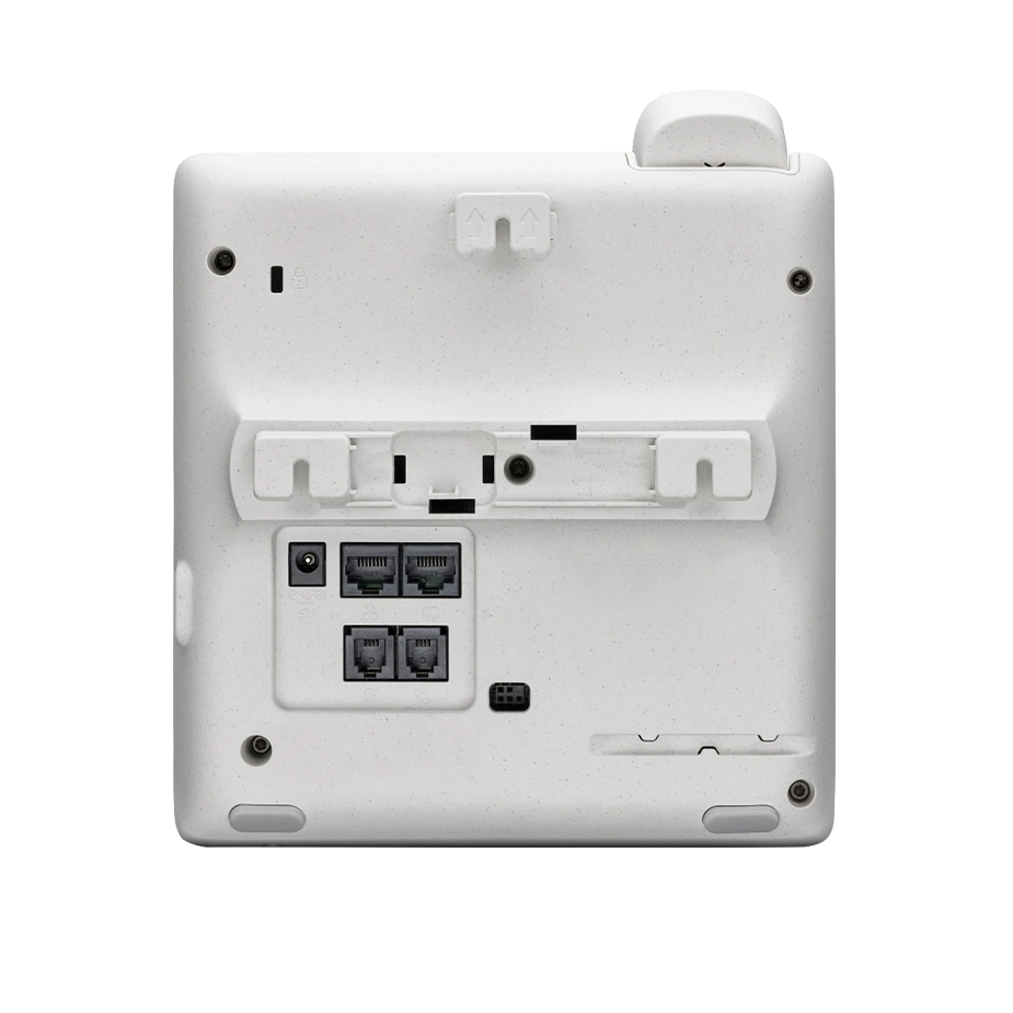 Polycom E220 desk phone shown at an angle, featuring a 2.8-inch color screen, 4 line keys, Dual Gig-E ports, and integrated Microban® antimicrobial protection.