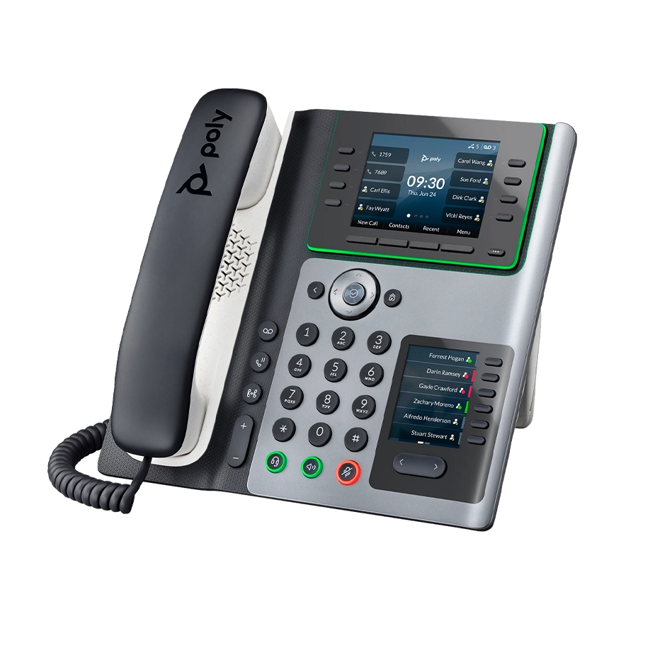 Polycom E450 desk phone with a color display, black handset, and keypad, featuring Elevate Technology and Elevation Technology.