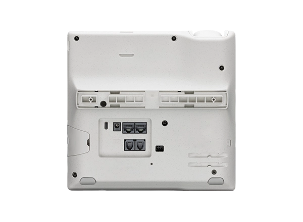 Rear view of the Polycom E550 IP Phone displaying the multiple ports for power and network connectivity, including two Ethernet ports, designed for easy setup in a business environment.