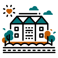 An icon of a school or government building with surrounding trees and a sun with a heart, representing services for the public sector, including schools and government buildings.