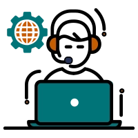 An icon showing a person with a headset and a microphone working on a laptop. A gear with a globe inside floats above their head, representing a site walkthrough consultation service from Elevate Technology.