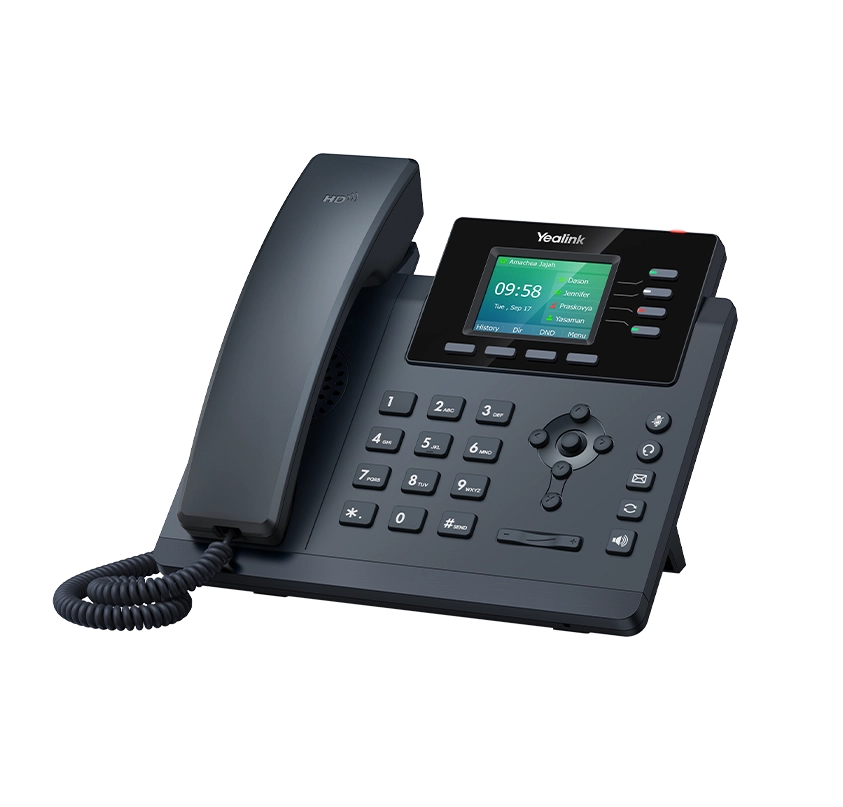 Yealink T34W Desk Phone (front view) with the handset cradled on the base, showing the color LCD screen and keypad, featuring Elevate Technology and Elevation Technology.