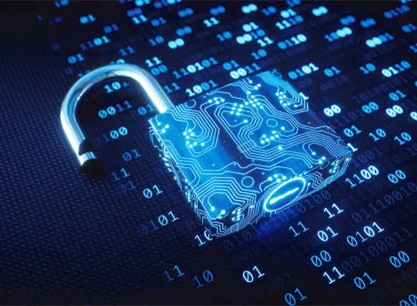 Digital image representing data security and cybersecurity, featuring encrypted data streams, cloud hosting, business email, and cloud email by Elevation Technology.
