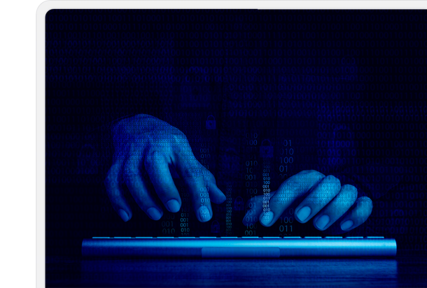 Mobile-optimized visual of a hacker typing with digital code overlay, emphasizing the need for secure cloud hosting, business email, and cloud email protection by Elevation Technology.