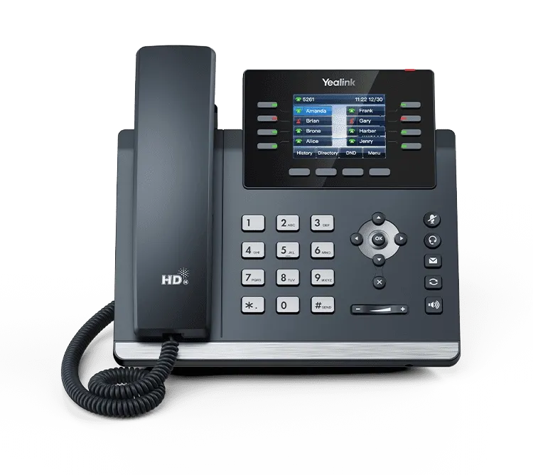 Yealink T44W VoIP phone shown on its stand, featuring Dual-port Gigabit Ethernet, built-in Dual Band Wi-Fi, Bluetooth 4.2, and Optima HD Voice technology.