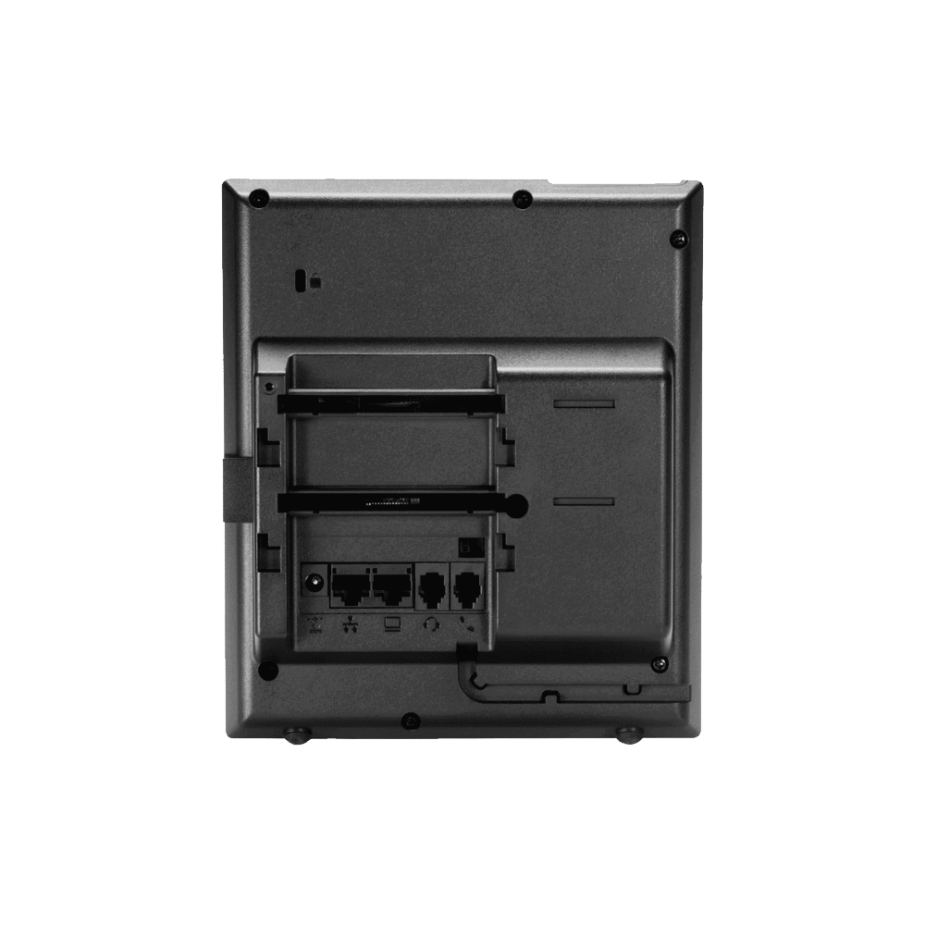 Elevate Technology back panel of the black Polycom VVX 250 desk phone, showing the Ethernet and headset ports.