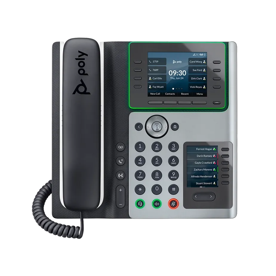 Polycom E450 desk phone with a color display, black handset, and keypad, featuring Elevate Technology and Elevation Technology.
