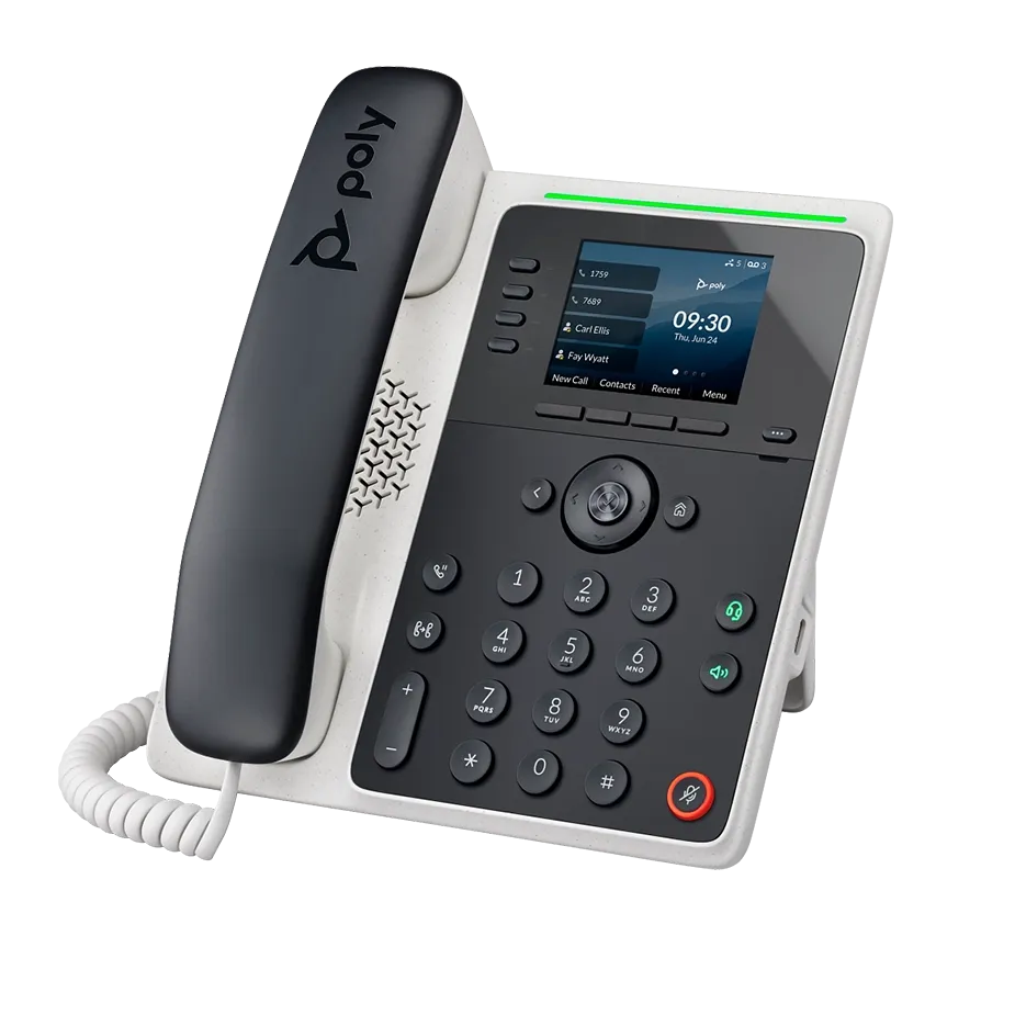 Polycom E220 desk phone shown at an angle, featuring a 2.8-inch color screen, 4 line keys, Dual Gig-E ports, and integrated Microban® antimicrobial protection.