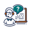 Elevate Technology icon graphic for Application Support, featuring a person with a headset in front of a whiteboard with a question mark in a speech bubble.