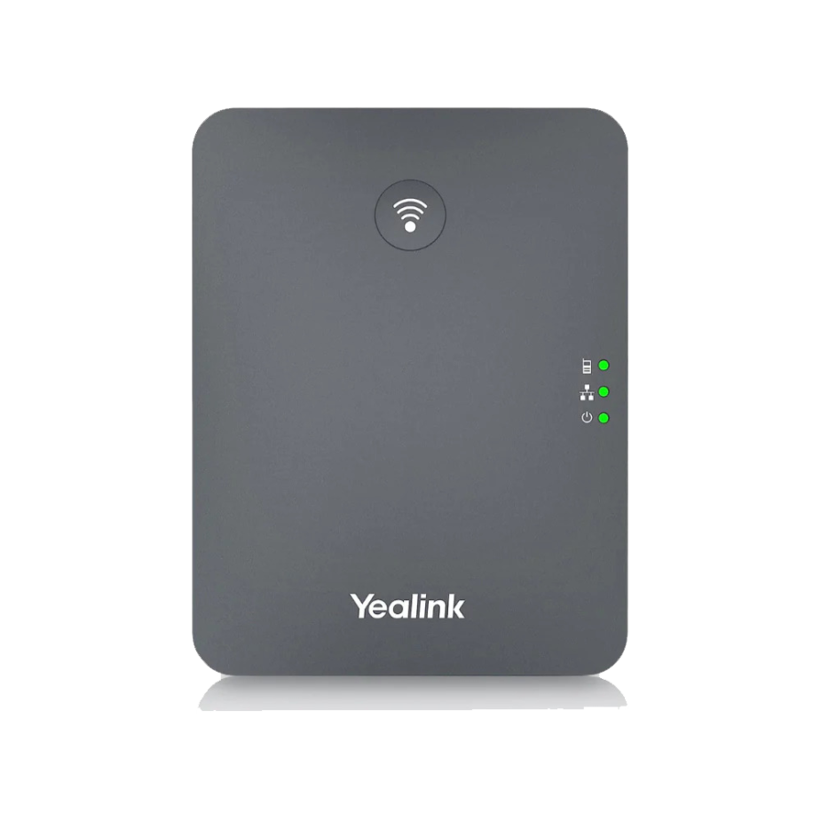 A professional wireless headset system, the Yealink WH62, with a single over ear headphones earpiece on a compact charging station.