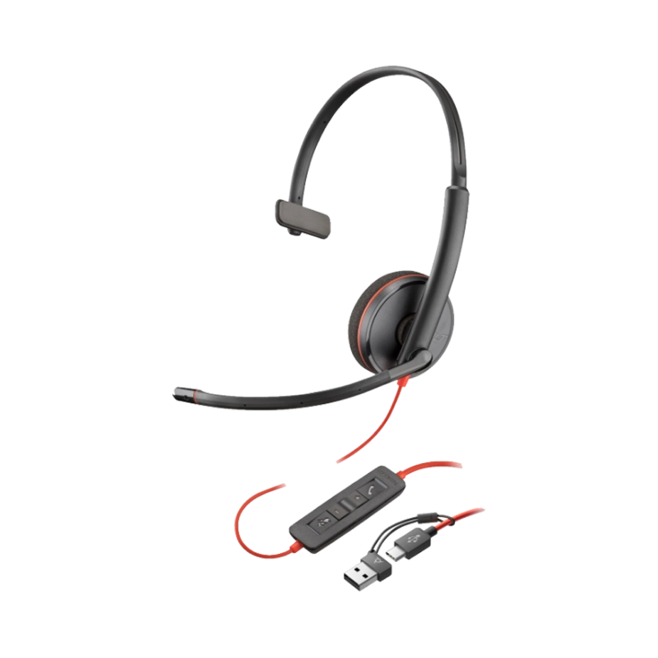 Elevate Technology single-ear, black and red Poly Blackwire 3210 corded headset with an adjustable microphone boom, in-line controls, and a USB connector.