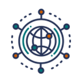  Elevate Technology icon graphic for Network Management, featuring a globe surrounded by connected nodes, symbolizing a managed and distributed network.