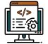 Mobile-friendly icon of a computer monitor with code and a gear, representing IT development, cloud hosting, business email, and cloud email by Elevation Technology.