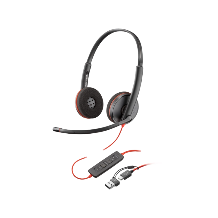 Elevate Technology Poly Blackwire 3220 corded headset with dual earcups, a boom microphone, in-line controls, and a USB connector.