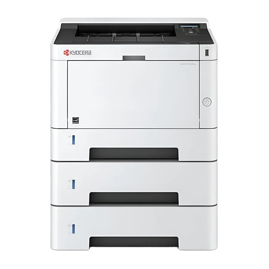 A tall, white Kyocera ECOSYS printer, model PA4500X, with three stacked paper trays and a black scanner on top.