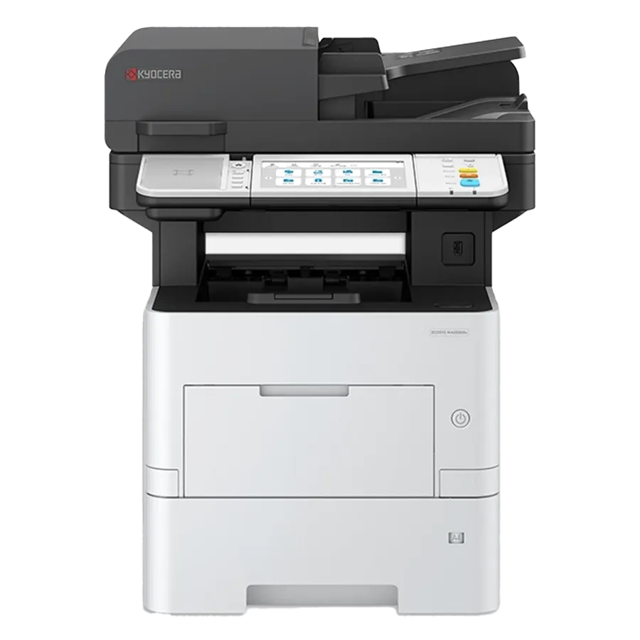A large, white Best Kyocera ECOSYS printer, model MA5500ifx, with a black scanner and a control panel with both a touchscreen and physical buttons. The printer is shown from a three-quarter view.