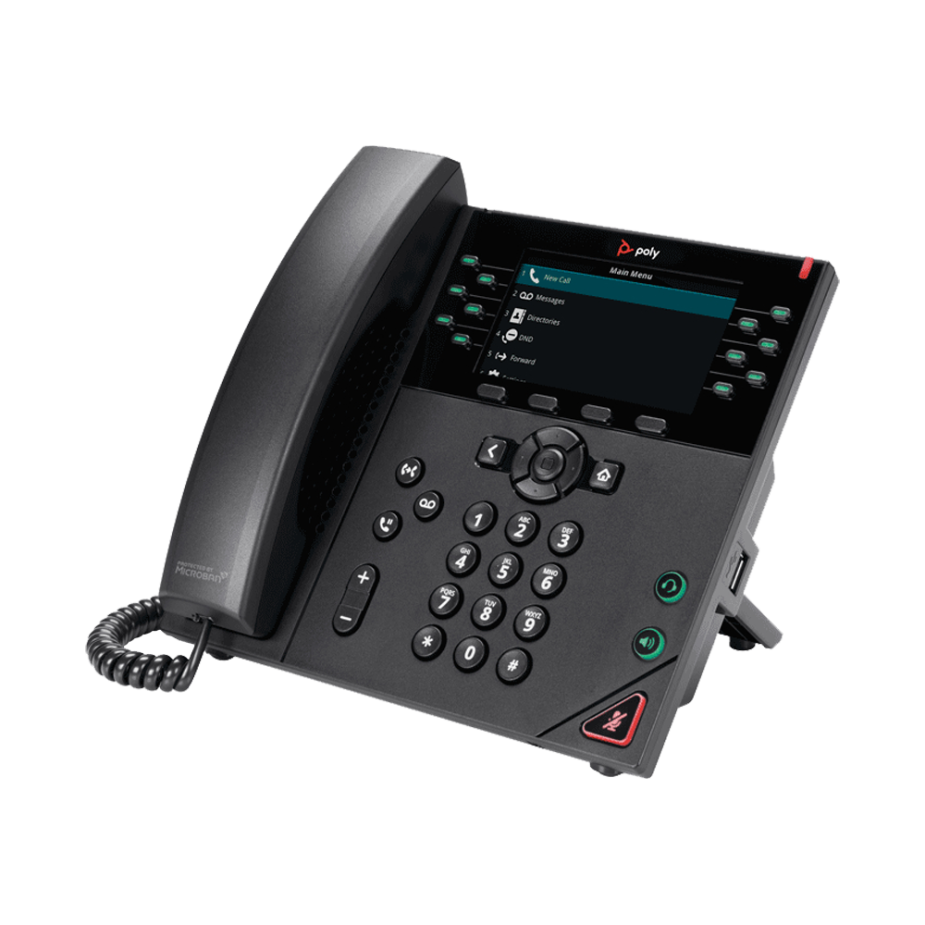Elevate Technology black Polycom VVX 450 VoIP desk phone with a backlit color screen, number pad, and coiled handset.