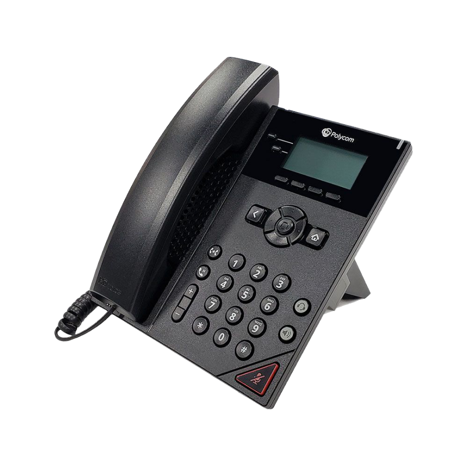 Elevate Technology black Polycom VVX 150 VoIP desk phone with a small monochrome screen, number pad, and handset resting on the base.