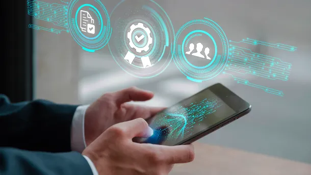 Close-up of hands holding a smartphone displaying an AI-powered interface, representing the advanced features of Elevation Technology for client communication in law firms.