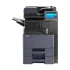  A professional product shot of the Kyocera TA2554ci. This quality all in one office printer is one of the best printers for a demanding small business, shown with a multi-tiered paper output tray for sorting.