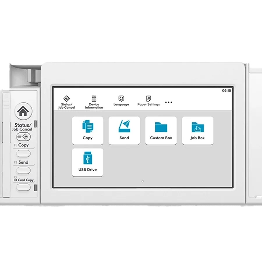A close-up of the modern touchscreen interface on the Kyocera ECOSYS MA4500ix. This all in one office printer and best printer for small business highlights user-friendly features for copying, scanning, and direct printing from a USB drive.