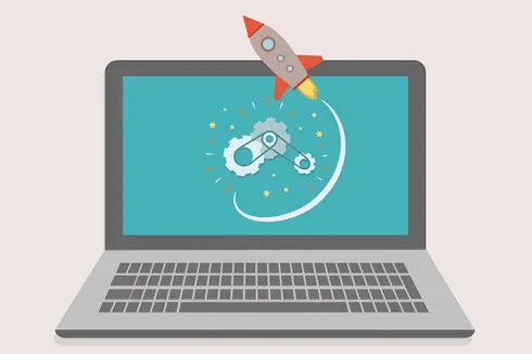 "Rocket launching from a laptop, highlighting innovation, cloud hosting, business email, and cloud email by Elevation Technology.