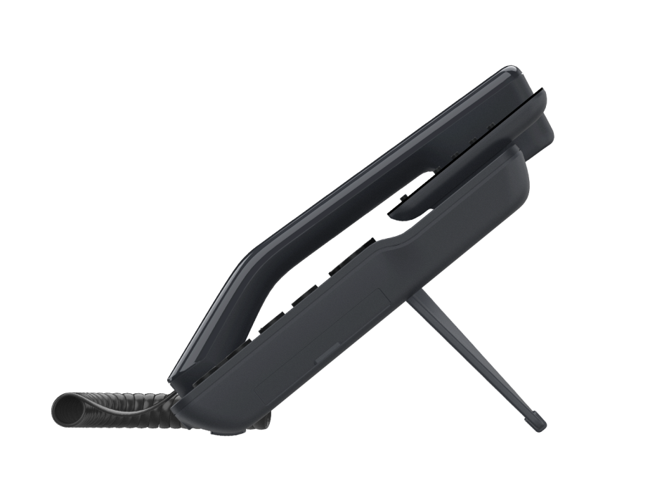 Mobile side profile of a black Fanvil V64 IP desk phone on an adjustable stand, integrated with cloud hosting, business email, and cloud email by Elevation Technology.