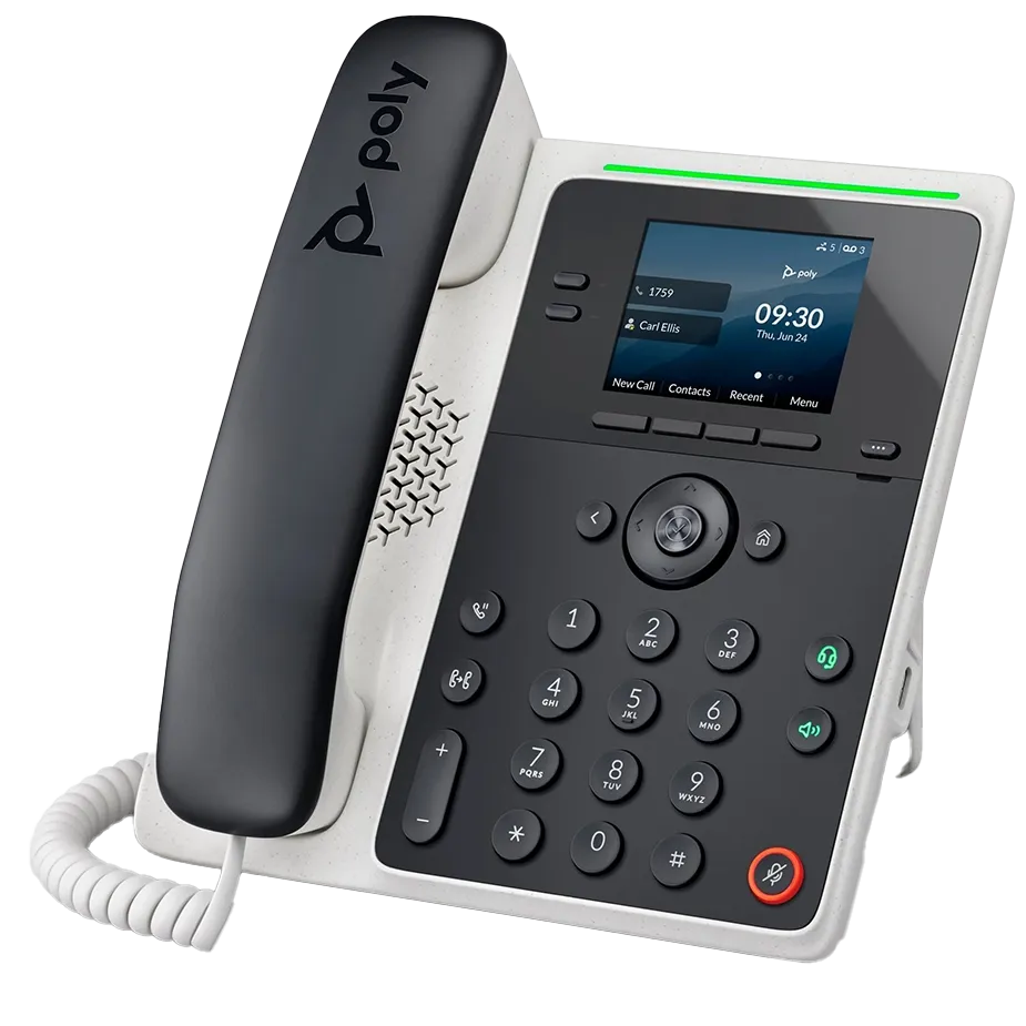 Polycom E100 VoIP desk phone featuring a 2.8-inch color IPS LCD, Dual GigE Ethernet ports with PoE, and integrated Microban® antimicrobial protection.