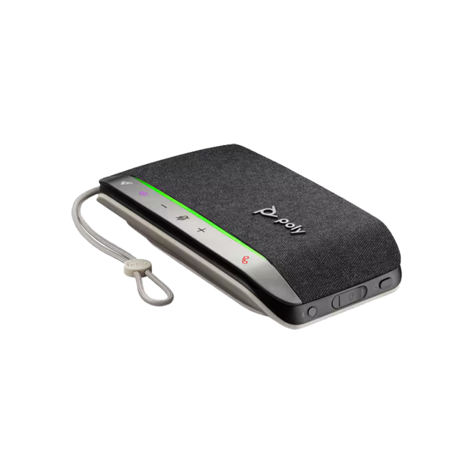 Elevate Technology side and top view of the black and gray Poly Sync 20 portable speakerphone with a wrist lanyard and green LED light bar.