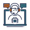 A line art icon showing a person with a headset and a microphone, seated in front of a laptop. The person has a microchip on their chest, and two chat bubbles float above the laptop. This icon represents a multi-channel capture and archiving service by Elevate Technology.