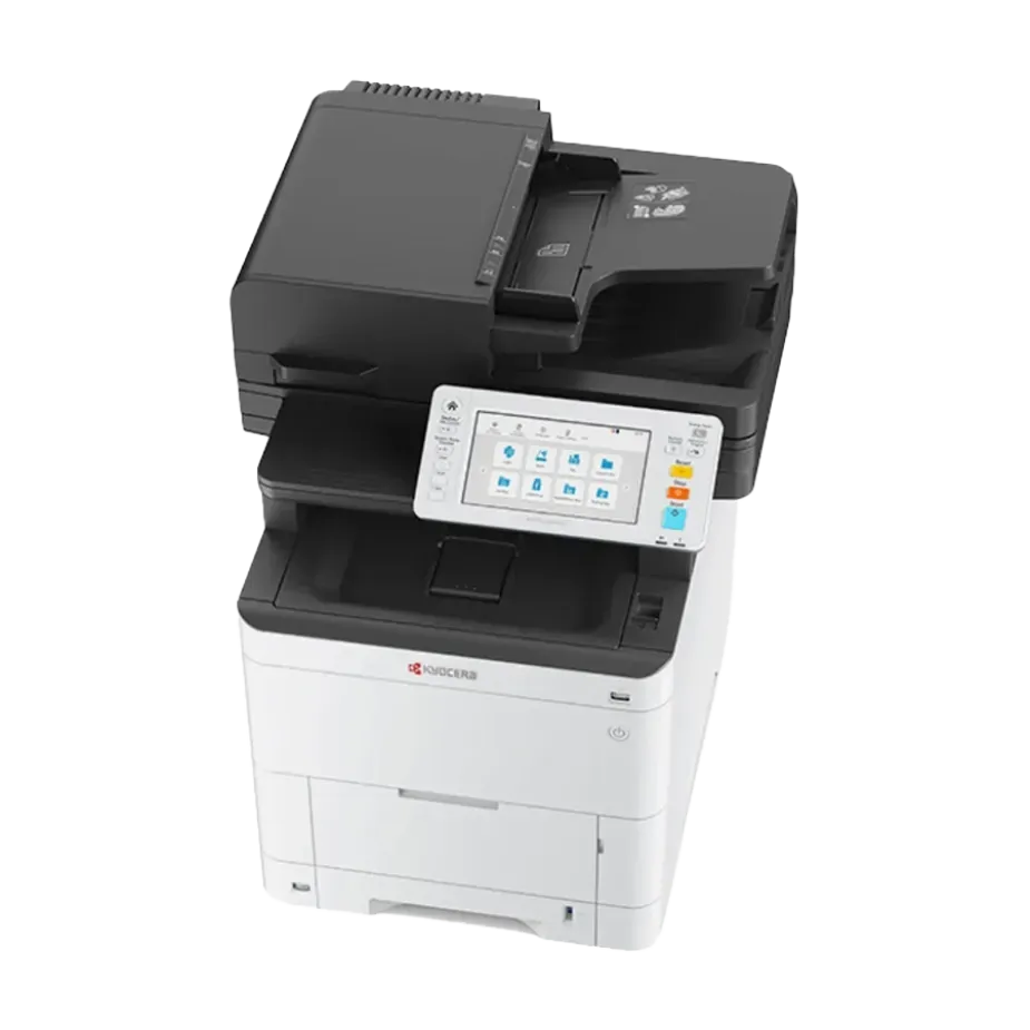 A front-facing view of the ECOSYS MA4000cifx color laser multifunction printer, featuring a 7-inch color touch panel and integrated Elevate Technology to meet professional standards for high-productivity workgroups.