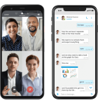 Two smartphones side-by-side, one showing a video conference call with four people and the other displaying a text message conversation with an embedded data chart. Elevate Technology.