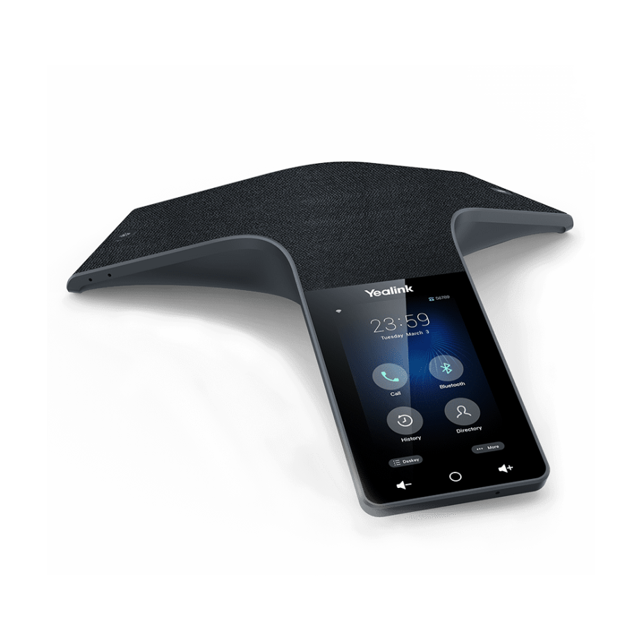 Elevate Technology image of a black Yealink CP925 conference phone with a sleek, T-shaped design, fabric grille, and color touchscreen interface.