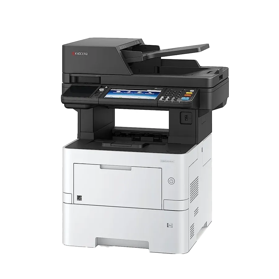 A professional front-angle view of the Kyocera ECOSYS MA4500ix. This quality all in one office printer and best printer for small business is shown with an open document feeder and an optional second paper tray, ideal for high-volume needs.